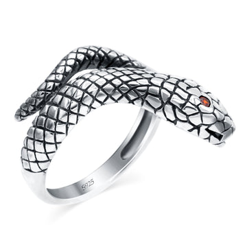 Snake Ring Oxidized Band Solid Simulated Garnet CZ 925 Sterling Silver (17mm)